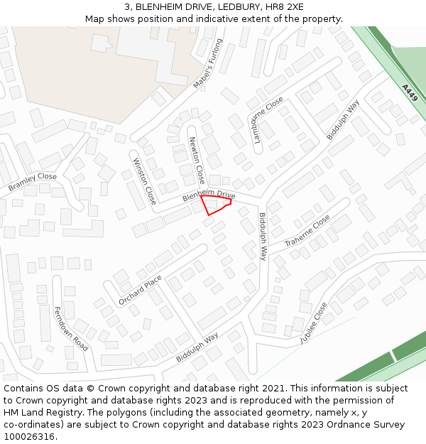3, BLENHEIM DRIVE, LEDBURY, HR8 2XE: Location map and indicative extent of plot