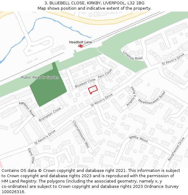 3, BLUEBELL CLOSE, KIRKBY, LIVERPOOL, L32 1BG: Location map and indicative extent of plot