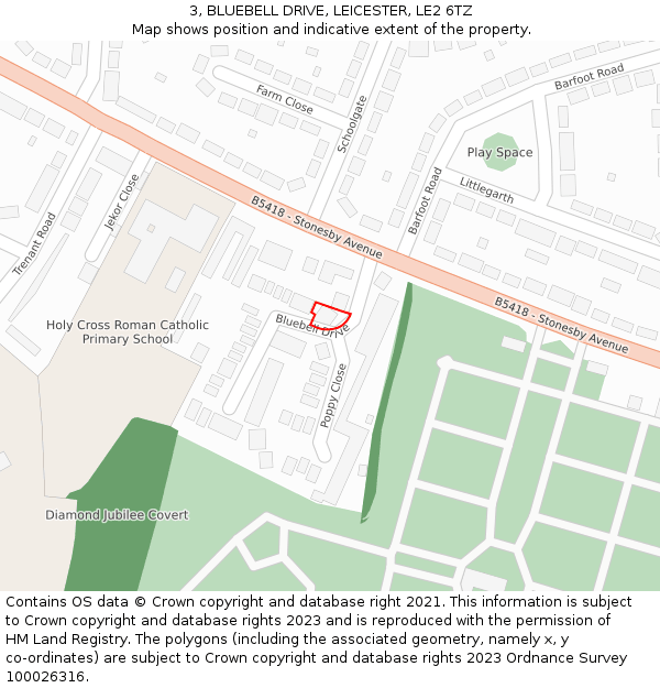 3, BLUEBELL DRIVE, LEICESTER, LE2 6TZ: Location map and indicative extent of plot