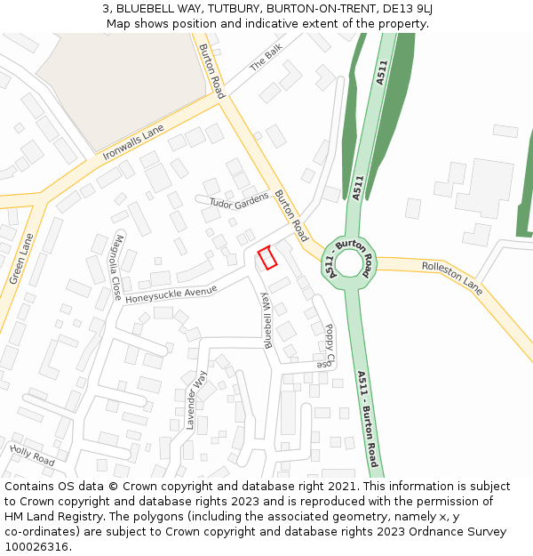 3, BLUEBELL WAY, TUTBURY, BURTON-ON-TRENT, DE13 9LJ: Location map and indicative extent of plot