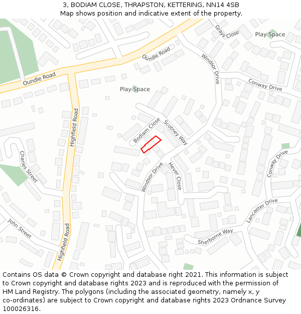 3, BODIAM CLOSE, THRAPSTON, KETTERING, NN14 4SB: Location map and indicative extent of plot