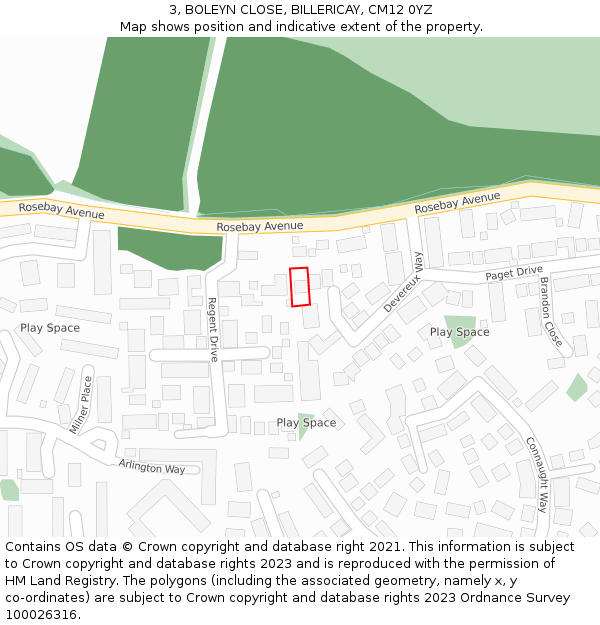 3, BOLEYN CLOSE, BILLERICAY, CM12 0YZ: Location map and indicative extent of plot