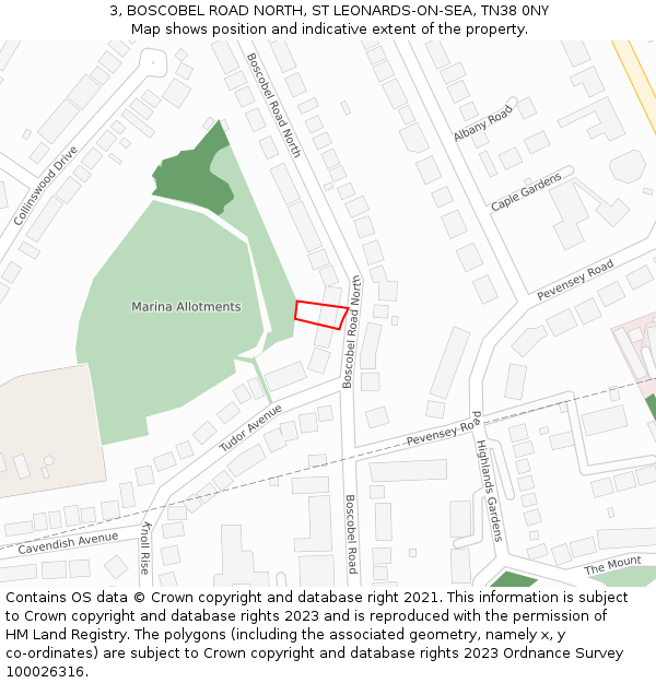 3, BOSCOBEL ROAD NORTH, ST LEONARDS-ON-SEA, TN38 0NY: Location map and indicative extent of plot