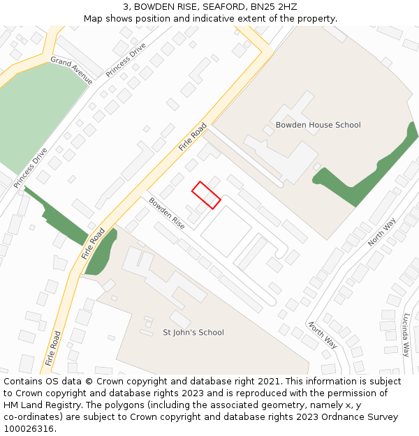 3, BOWDEN RISE, SEAFORD, BN25 2HZ: Location map and indicative extent of plot