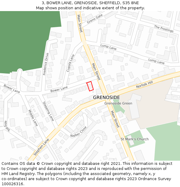 3, BOWER LANE, GRENOSIDE, SHEFFIELD, S35 8NE: Location map and indicative extent of plot