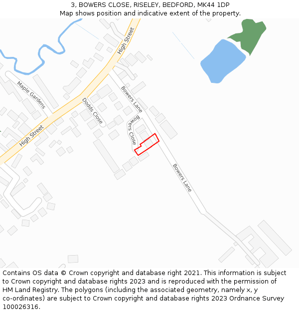 3, BOWERS CLOSE, RISELEY, BEDFORD, MK44 1DP: Location map and indicative extent of plot