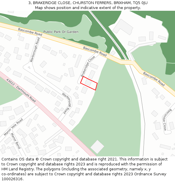 3, BRAKERIDGE CLOSE, CHURSTON FERRERS, BRIXHAM, TQ5 0JU: Location map and indicative extent of plot