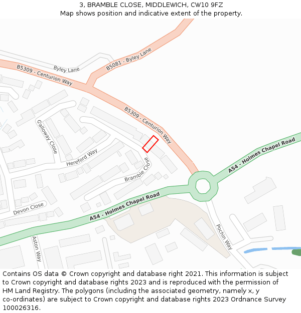 3, BRAMBLE CLOSE, MIDDLEWICH, CW10 9FZ: Location map and indicative extent of plot