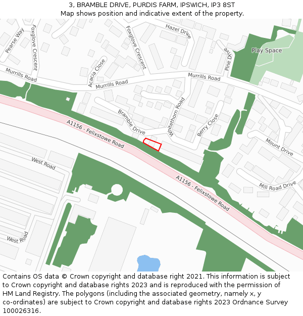 3, BRAMBLE DRIVE, PURDIS FARM, IPSWICH, IP3 8ST: Location map and indicative extent of plot