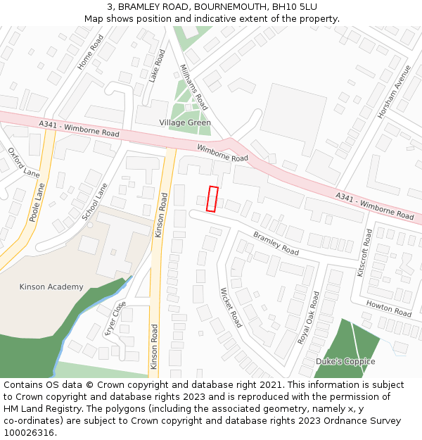 3, BRAMLEY ROAD, BOURNEMOUTH, BH10 5LU: Location map and indicative extent of plot