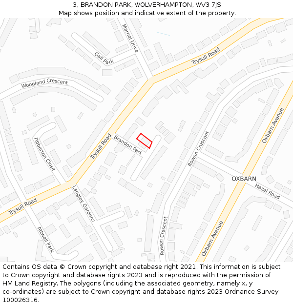 3, BRANDON PARK, WOLVERHAMPTON, WV3 7JS: Location map and indicative extent of plot