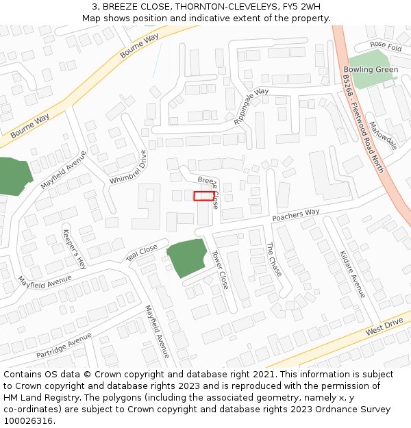 3, BREEZE CLOSE, THORNTON-CLEVELEYS, FY5 2WH: Location map and indicative extent of plot