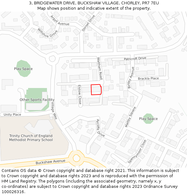 3, BRIDGEWATER DRIVE, BUCKSHAW VILLAGE, CHORLEY, PR7 7EU: Location map and indicative extent of plot