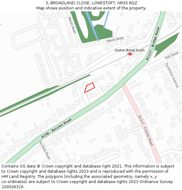 3, BROADLAND CLOSE, LOWESTOFT, NR33 8QZ: Location map and indicative extent of plot