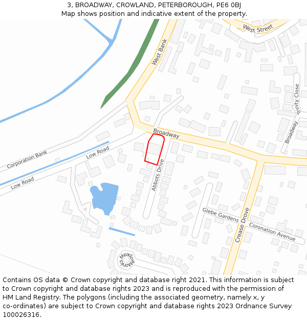 3, BROADWAY, CROWLAND, PETERBOROUGH, PE6 0BJ: Location map and indicative extent of plot