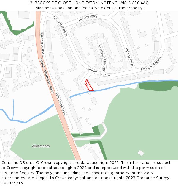 3, BROOKSIDE CLOSE, LONG EATON, NOTTINGHAM, NG10 4AQ: Location map and indicative extent of plot
