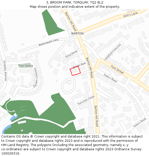 3, BROOM PARK, TORQUAY, TQ2 8LZ: Location map and indicative extent of plot
