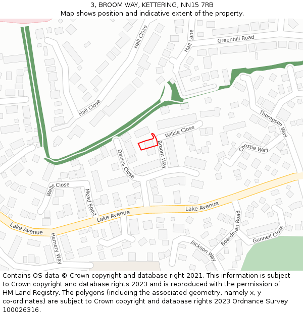 3, BROOM WAY, KETTERING, NN15 7RB: Location map and indicative extent of plot