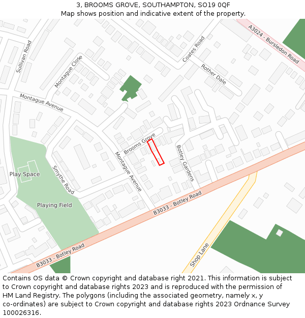 3, BROOMS GROVE, SOUTHAMPTON, SO19 0QF: Location map and indicative extent of plot