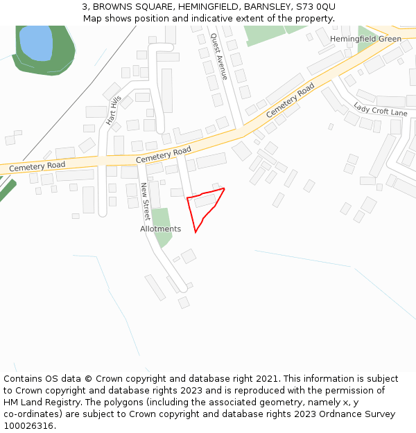 3, BROWNS SQUARE, HEMINGFIELD, BARNSLEY, S73 0QU: Location map and indicative extent of plot