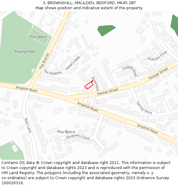 3, BROWNSHILL, MAULDEN, BEDFORD, MK45 2BT: Location map and indicative extent of plot