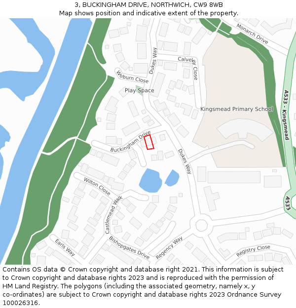 3, BUCKINGHAM DRIVE, NORTHWICH, CW9 8WB: Location map and indicative extent of plot