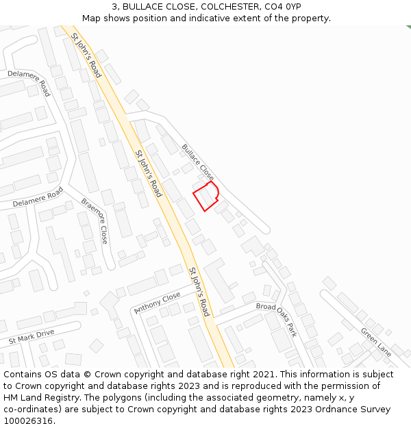 3, BULLACE CLOSE, COLCHESTER, CO4 0YP: Location map and indicative extent of plot