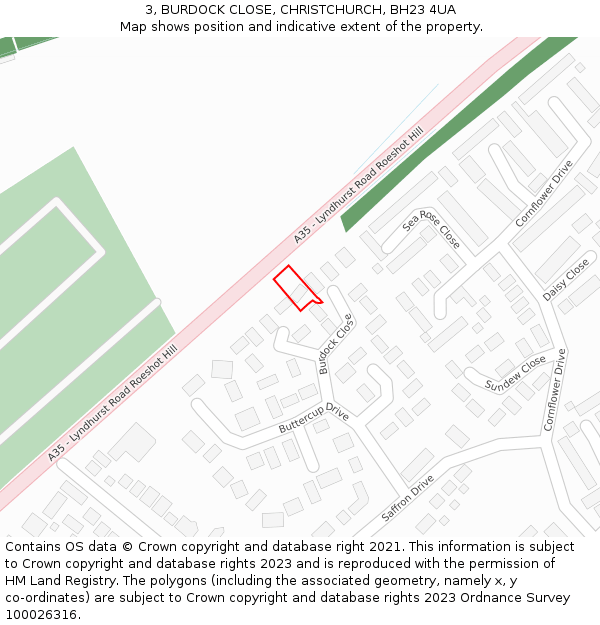 3, BURDOCK CLOSE, CHRISTCHURCH, BH23 4UA: Location map and indicative extent of plot