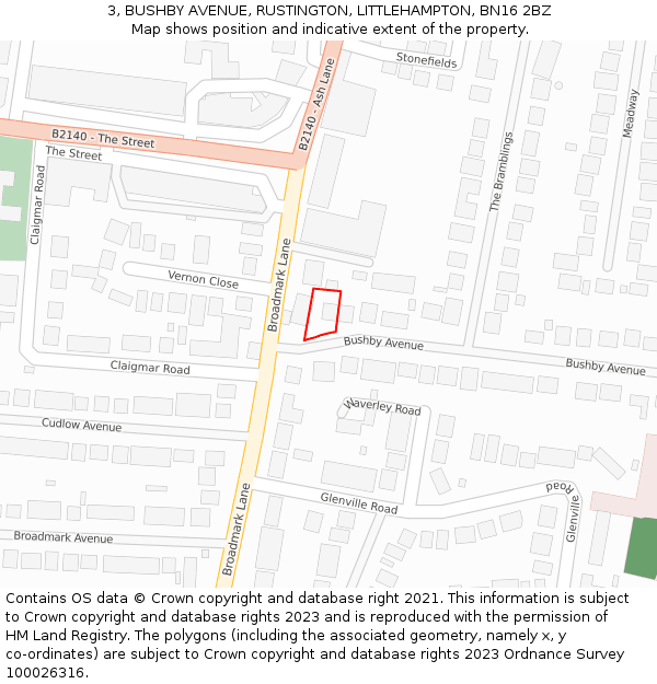 3, BUSHBY AVENUE, RUSTINGTON, LITTLEHAMPTON, BN16 2BZ: Location map and indicative extent of plot