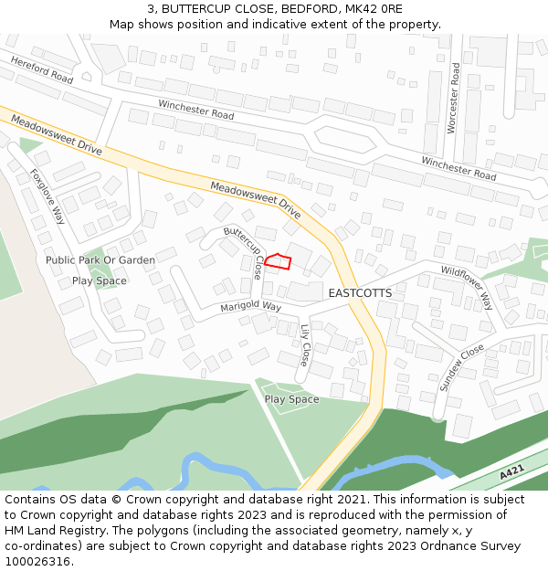 3, BUTTERCUP CLOSE, BEDFORD, MK42 0RE: Location map and indicative extent of plot