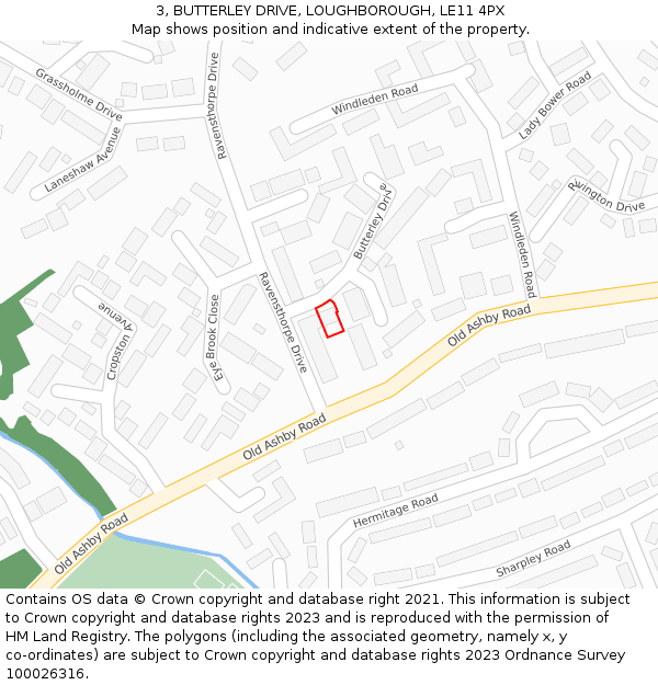 3, BUTTERLEY DRIVE, LOUGHBOROUGH, LE11 4PX: Location map and indicative extent of plot