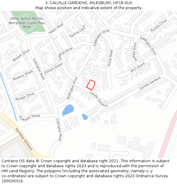 3, CALVILLE GARDENS, AYLESBURY, HP18 0UX: Location map and indicative extent of plot