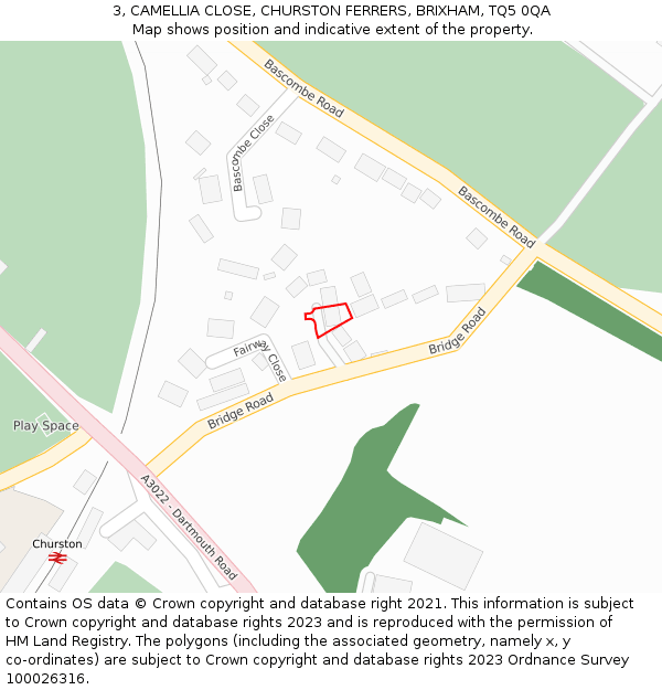 3, CAMELLIA CLOSE, CHURSTON FERRERS, BRIXHAM, TQ5 0QA: Location map and indicative extent of plot