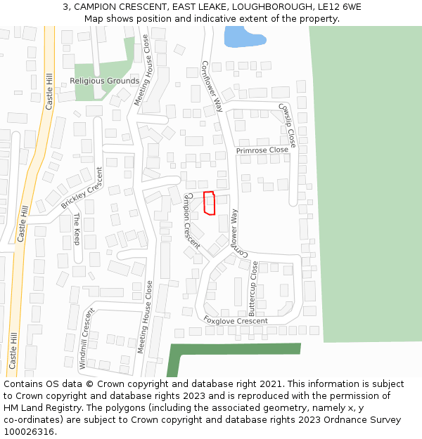 3, CAMPION CRESCENT, EAST LEAKE, LOUGHBOROUGH, LE12 6WE: Location map and indicative extent of plot