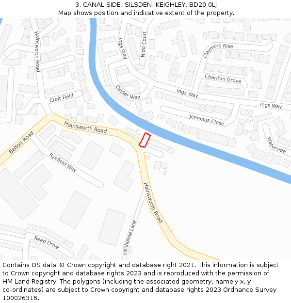 3, CANAL SIDE, SILSDEN, KEIGHLEY, BD20 0LJ: Location map and indicative extent of plot