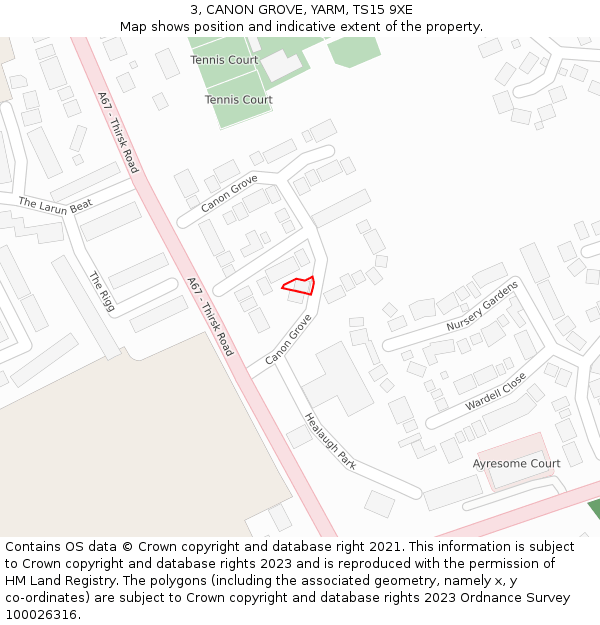 3, CANON GROVE, YARM, TS15 9XE: Location map and indicative extent of plot