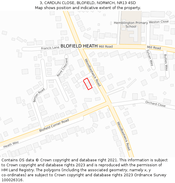 3, CARDUN CLOSE, BLOFIELD, NORWICH, NR13 4SD: Location map and indicative extent of plot