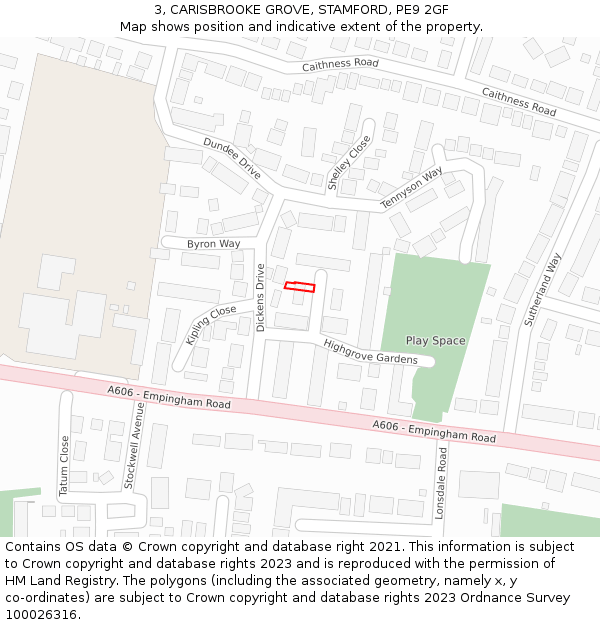 3, CARISBROOKE GROVE, STAMFORD, PE9 2GF: Location map and indicative extent of plot