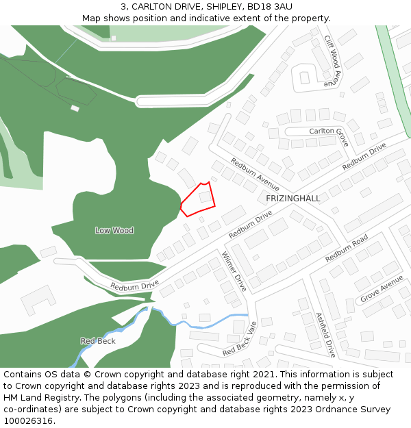 3, CARLTON DRIVE, SHIPLEY, BD18 3AU: Location map and indicative extent of plot