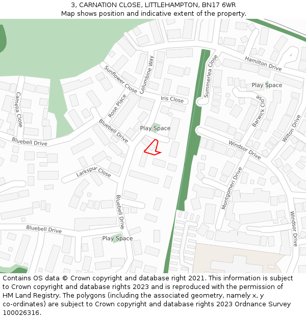 3, CARNATION CLOSE, LITTLEHAMPTON, BN17 6WR: Location map and indicative extent of plot