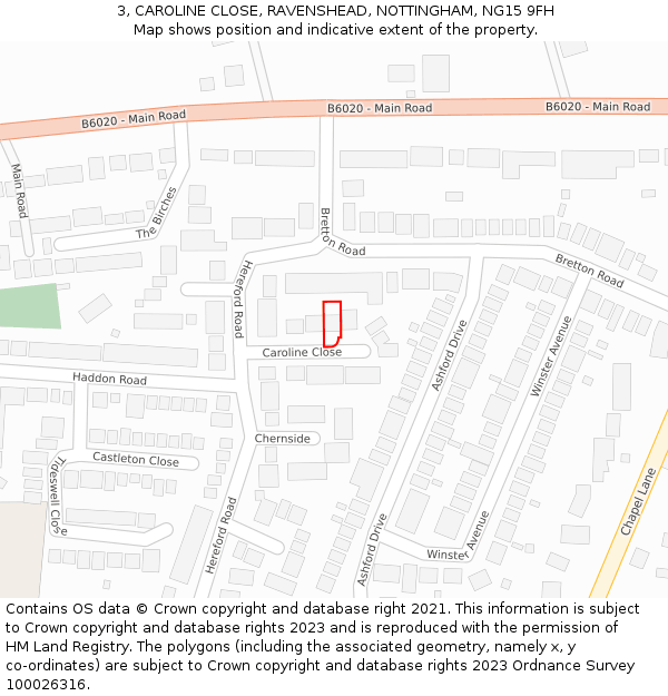 3, CAROLINE CLOSE, RAVENSHEAD, NOTTINGHAM, NG15 9FH: Location map and indicative extent of plot