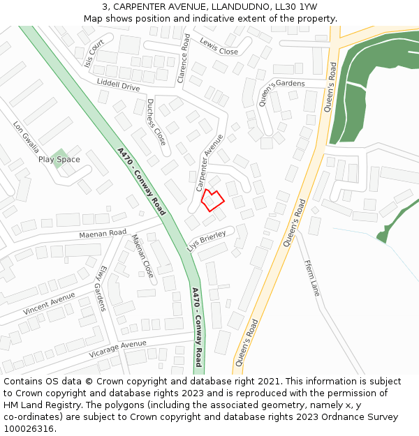 3, CARPENTER AVENUE, LLANDUDNO, LL30 1YW: Location map and indicative extent of plot