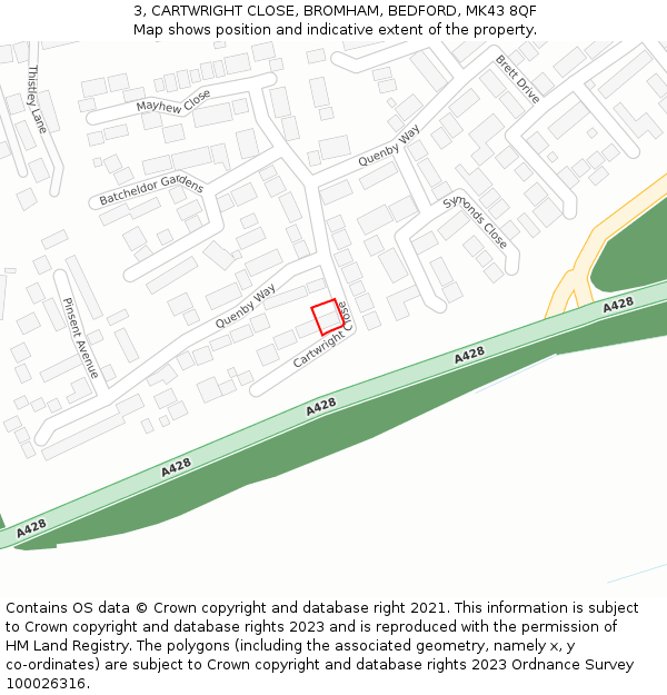 3, CARTWRIGHT CLOSE, BROMHAM, BEDFORD, MK43 8QF: Location map and indicative extent of plot