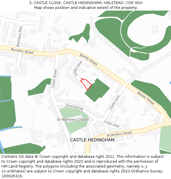 3, CASTLE CLOSE, CASTLE HEDINGHAM, HALSTEAD, CO9 3DH: Location map and indicative extent of plot