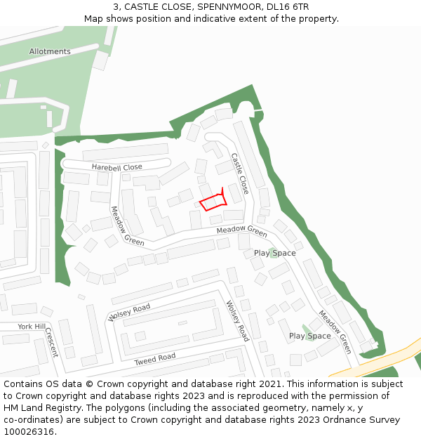 3, CASTLE CLOSE, SPENNYMOOR, DL16 6TR: Location map and indicative extent of plot