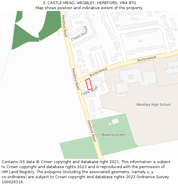 3, CASTLE MEAD, WEOBLEY, HEREFORD, HR4 8TG: Location map and indicative extent of plot