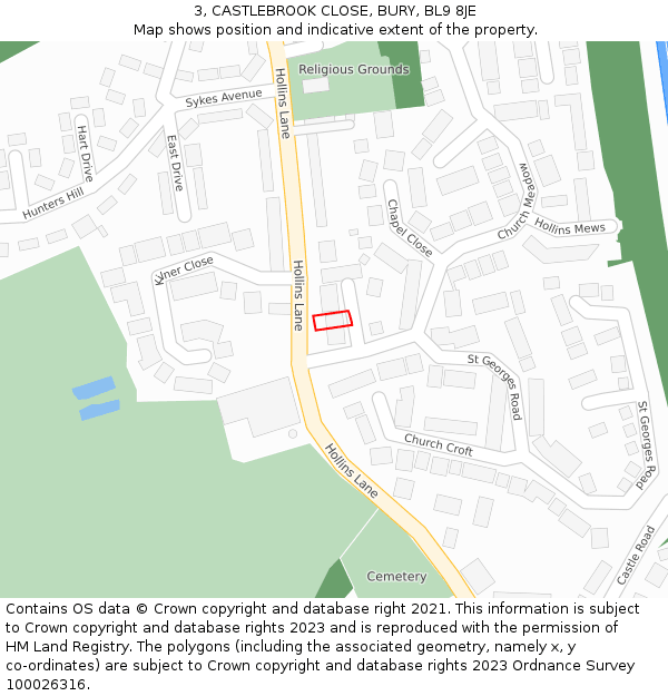3, CASTLEBROOK CLOSE, BURY, BL9 8JE: Location map and indicative extent of plot