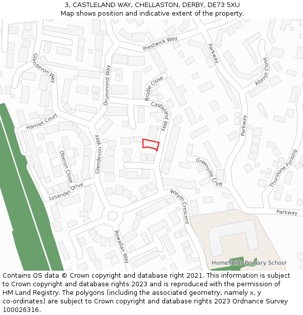 3, CASTLELAND WAY, CHELLASTON, DERBY, DE73 5XU: Location map and indicative extent of plot