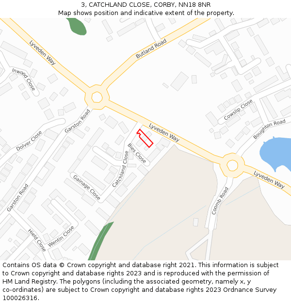 3, CATCHLAND CLOSE, CORBY, NN18 8NR: Location map and indicative extent of plot