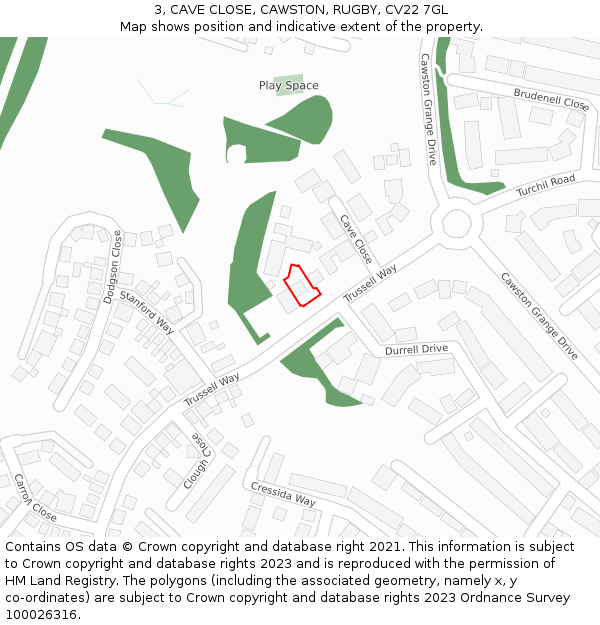 3, CAVE CLOSE, CAWSTON, RUGBY, CV22 7GL: Location map and indicative extent of plot